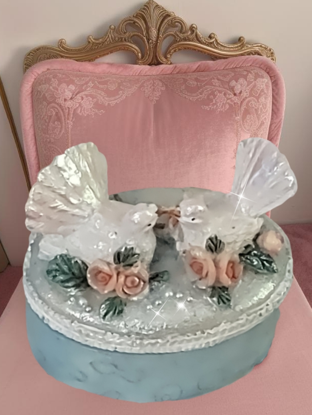 Ceramic Doves Porcelain Flower Pearlescent Lovebirds Trinket Box